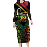 Vanuatu 1980 Family Matching Long Sleeve Bodycon Dress and Hawaiian Shirt Hapi 46 Yia Indipendens Anivesari LT14 Mom's Dress Black - Polynesian Pride