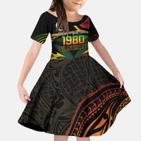 Vanuatu 1980 Family Matching Off The Shoulder Long Sleeve Dress and Hawaiian Shirt Hapi 46 Yia Indipendens Anivesari LT14 Daughter's Dress Black - Polynesian Pride