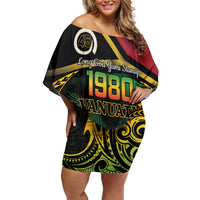 Vanuatu 1980 Off Shoulder Short Dress Hapi 46 Yia Indipendens Anivesari LT14 Women Black - Polynesian Pride