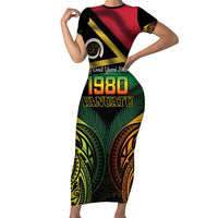 Vanuatu 1980 Short Sleeve Bodycon Dress Hapi 46 Yia Indipendens Anivesari LT14 Long Dress Black - Polynesian Pride