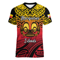 Personalised Marquesas Islands Women V Neck T Shirt Tiki Polynesian Marquesan Pattern LT14 Female Black - Polynesian Pride