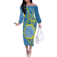 Personalised Palau Independence Day Family Matching Off The Shoulder Long Sleeve Dress and Hawaiian Shirt Belau Coat Of Arms Polynesian Curve Style