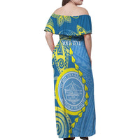 Personalised Palau Independence Day Family Matching Off Shoulder Maxi Dress and Hawaiian Shirt Belau Coat Of Arms Polynesian Curve Style