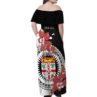 Personalised Fiji Day Family Matching Off Shoulder Maxi Dress and Hawaiian Shirt Fijian Tapa Pattern Mix Tagimoucia - Black Version