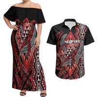 Aotearoa Iwi Ngapuhi Personalised Couples Matching Off Shoulder Maxi Dress and Hawaiian Shirt NZ Maori Humpback Whale Taniko Motifs