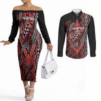 Aotearoa Iwi Ngapuhi Personalised Couples Matching Off The Shoulder Long Sleeve Dress and Long Sleeve Button Shirt NZ Maori Humpback Whale Taniko Motifs