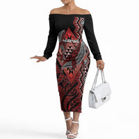 Aotearoa Iwi Ngapuhi Personalised Off The Shoulder Long Sleeve Dress NZ Maori Humpback Whale Taniko Motifs