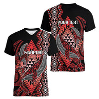 Aotearoa Iwi Ngapuhi Personalised Women V-Neck T-Shirt NZ Maori Humpback Whale Taniko Motifs