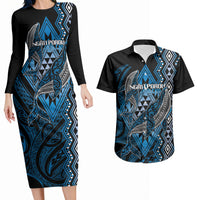 Aotearoa Iwi Ngati Porou Personalised Couples Matching Long Sleeve Bodycon Dress and Hawaiian Shirt NZ Maori Humpback Whale Taniko Motifs