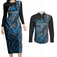 Aotearoa Iwi Ngati Porou Personalised Couples Matching Long Sleeve Bodycon Dress and Long Sleeve Button Shirt NZ Maori Humpback Whale Taniko Motifs