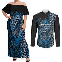 Aotearoa Iwi Ngati Porou Personalised Couples Matching Off Shoulder Maxi Dress and Long Sleeve Button Shirt NZ Maori Humpback Whale Taniko Motifs