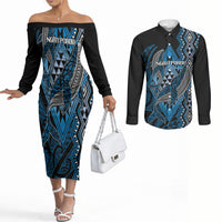 Aotearoa Iwi Ngati Porou Personalised Couples Matching Off The Shoulder Long Sleeve Dress and Long Sleeve Button Shirt NZ Maori Humpback Whale Taniko Motifs