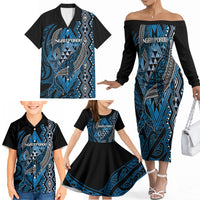 Aotearoa Iwi Ngati Porou Personalised Family Matching Off The Shoulder Long Sleeve Dress and Hawaiian Shirt NZ Maori Humpback Whale Taniko Motifs