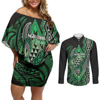 Aotearoa Iwi Ngai Tahu Personalised Couples Matching Off Shoulder Short Dress and Long Sleeve Button Shirt NZ Maori Humpback Whale Taniko Motifs