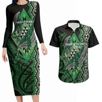 Aotearoa Iwi Ngati Pikiao Personalised Couples Matching Long Sleeve Bodycon Dress and Hawaiian Shirt NZ Maori Humpback Whale Taniko Motifs