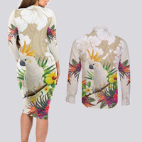 New Zealand Cacatua Galerita Couples Matching Long Sleeve Bodycon Dress and Long Sleeve Button Shirt Aotearoa Cockatoo Tropical Flowers