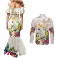 New Zealand Cacatua Galerita Couples Matching Mermaid Dress and Long Sleeve Button Shirt Aotearoa Cockatoo Tropical Flowers