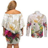 New Zealand Cacatua Galerita Couples Matching Off Shoulder Short Dress and Long Sleeve Button Shirt Aotearoa Cockatoo Tropical Flowers