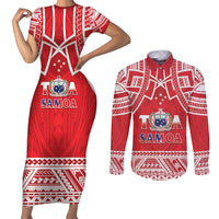 Samoa Rugby Custom Couples Matching Short Sleeve Bodycon Dress and Long Sleeve Button Shirt Toa Samoa Pacific Sporty Red - Polynesian Pride