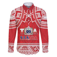 Samoa Rugby Custom Family Matching Long Sleeve Bodycon Dress and Hawaiian Shirt Toa Samoa Pacific Sporty Red LT14 Dad's Shirt - Long Sleeve Red - Polynesian Pride