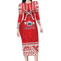 Samoa Rugby Custom Long Sleeve Bodycon Dress Toa Samoa Pacific Sporty Red - Polynesian Pride