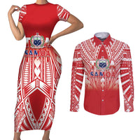 Toa Samoa Rugby Custom Couples Matching Short Sleeve Bodycon Dress and Long Sleeve Button Shirt Samoa mo Samoa Polynesian Pacific Red - Polynesian Pride