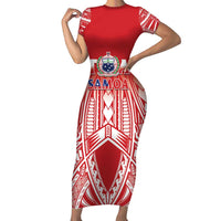 Toa Samoa Rugby Custom Family Matching Short Sleeve Bodycon Dress and Hawaiian Shirt Samoa mo Samoa Polynesian Pacific Red LT14 Mom's Dress Red - Polynesian Pride