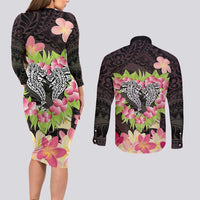 Polynesia Valentine's Day Couples Matching Long Sleeve Bodycon Dress and Long Sleeve Button Shirt Hammerhead Shark Plumeria With Polynesian Pattern LT14 - Polynesian Pride
