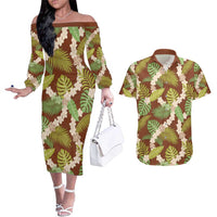 Brown Hawaii Plumeria Lei With Tropical Leaves Couples Matching Off The Shoulder Long Sleeve Dress and Hawaiian Shirt