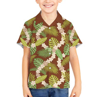 Brown Hawaii Plumeria Lei With Tropical Leaves Family Matching Off The Shoulder Long Sleeve Dress and Hawaiian Shirt