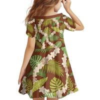 Brown Hawaii Plumeria Lei With Tropical Leaves Kid Short Sleeve Dress