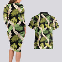 Black Hawaii Plumeria Lei With Tropical Leaves Couples Matching Long Sleeve Bodycon Dress and Hawaiian Shirt