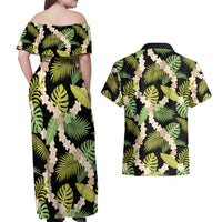 Black Hawaii Plumeria Lei With Tropical Leaves Couples Matching Off Shoulder Maxi Dress and Hawaiian Shirt