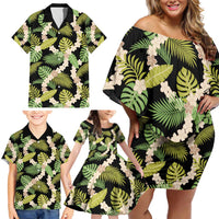 Black Hawaii Plumeria Lei With Tropical Leaves Family Matching Off Shoulder Short Dress and Hawaiian Shirt