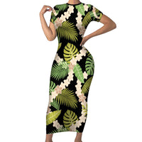 Black Hawaii Plumeria Lei With Tropical Leaves Family Matching Short Sleeve Bodycon Dress and Hawaiian Shirt