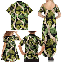 Black Hawaii Plumeria Lei With Tropical Leaves Family Matching Summer Maxi Dress and Hawaiian Shirt