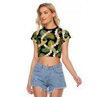 Black Hawaii Plumeria Lei With Tropical Leaves Raglan Cropped T Shirt LT14 Female Black - Polynesian Pride