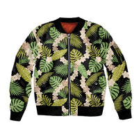 Black Hawaii Plumeria Lei With Tropical Leaves Sleeve Zip Bomber Jacket LT14 Unisex Black - Polynesian Pride