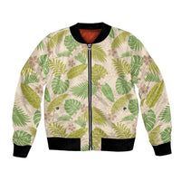 Beige Hawaii Plumeria Lei With Tropical Leaves Bomber Jacket LT14 Unisex Beige - Polynesian Pride