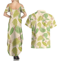 Beige Hawaii Plumeria Lei With Tropical Leaves Couples Matching Summer Maxi Dress and Hawaiian Shirt