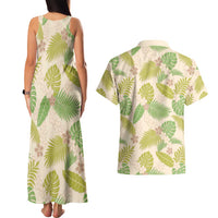 Beige Hawaii Plumeria Lei With Tropical Leaves Couples Matching Tank Maxi Dress and Hawaiian Shirt