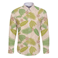 Beige Hawaii Plumeria Lei With Tropical Leaves Family Matching Off The Shoulder Long Sleeve Dress and Hawaiian Shirt