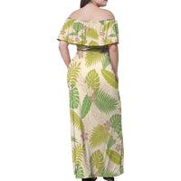 Beige Hawaii Plumeria Lei With Tropical Leaves Family Matching Off Shoulder Maxi Dress and Hawaiian Shirt