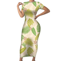 Beige Hawaii Plumeria Lei With Tropical Leaves Family Matching Short Sleeve Bodycon Dress and Hawaiian Shirt