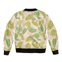 Beige Hawaii Plumeria Lei With Tropical Leaves Sleeve Zip Bomber Jacket LT14 - Polynesian Pride