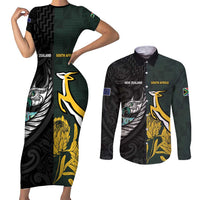 New Zealand and South Africa Rugby Custom Couples Matching Short Sleeve Bodycon Dress and Long Sleeve Button Shirt Silver Fern With Springboks