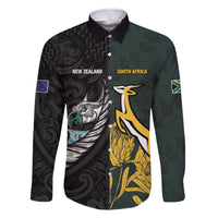 New Zealand and South Africa Rugby Custom Family Matching Off The Shoulder Long Sleeve Dress and Hawaiian Shirt Silver Fern With Springboks