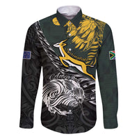 New Zealand and South Africa Rugby Personalised Family Matching Off The Shoulder Long Sleeve Dress and Hawaiian Shirt Maori Kiwi With Springboks