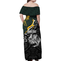 New Zealand and South Africa Rugby Personalised Family Matching Off Shoulder Maxi Dress and Hawaiian Shirt Maori Kiwi With Springboks