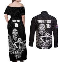 New Zealand Silver Fern Rugby Custom Couples Matching Off Shoulder Maxi Dress and Long Sleeve Button Shirt Maori Tiki Black Version